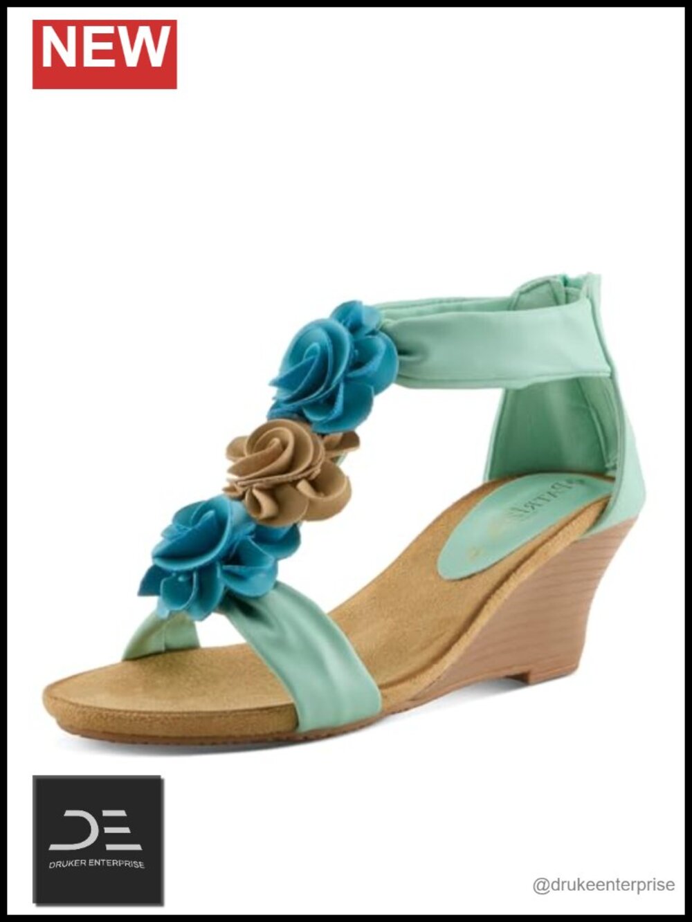 Women's T-Strap Wedge Sandals with Floral Design, Cushioned Insole, Back Zipper